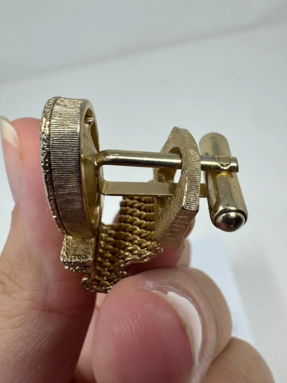 Vintage Gold Tone Mesh Wrap Cufflinks Amber Glass Mid-Century